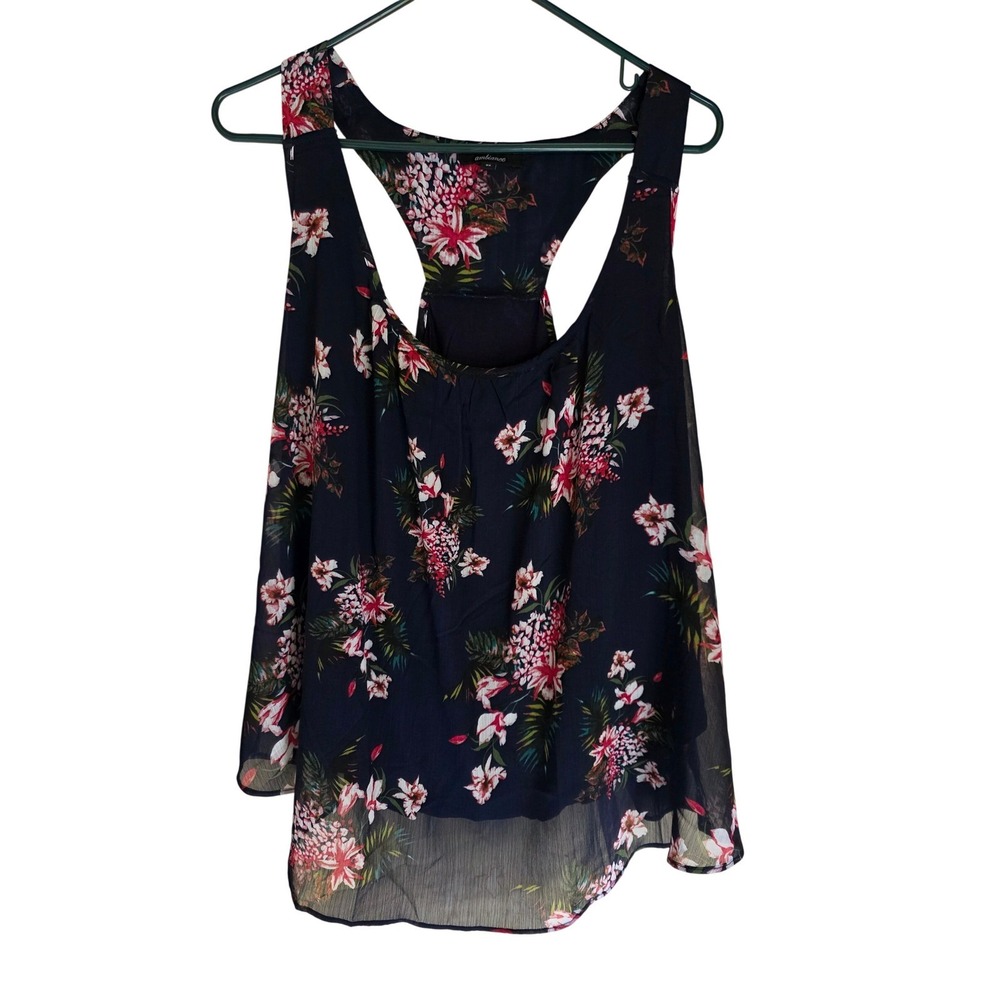 Ambiance Womens 3X Floral Racerback Tank Top Navy Blue Tropical Sheer Blouse